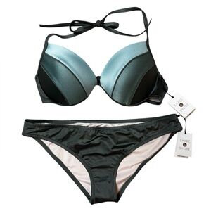 Shade & Shore Army Green and Teal Colorblock Bikini, 38B and Large bottoms